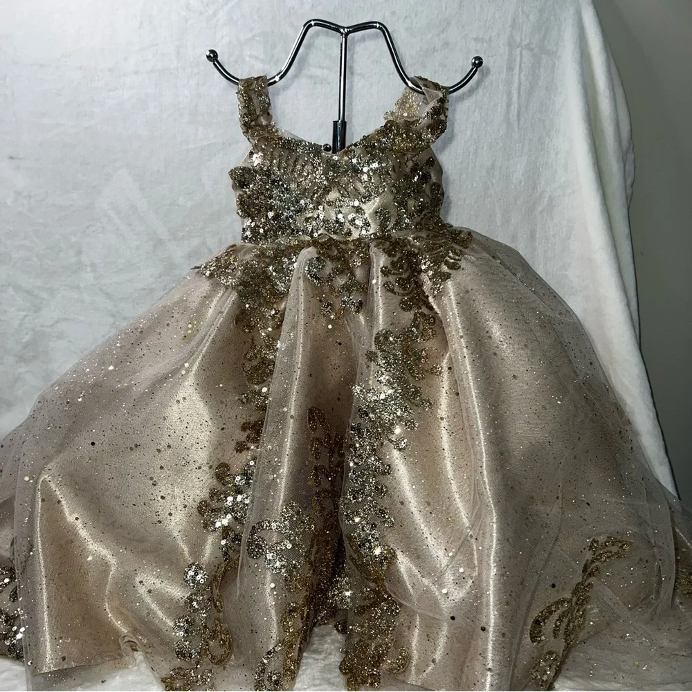 CUSTOM Quinceañera Teddy‎ Bear DRESS ONLY Champagne Gold Sequin W/Train